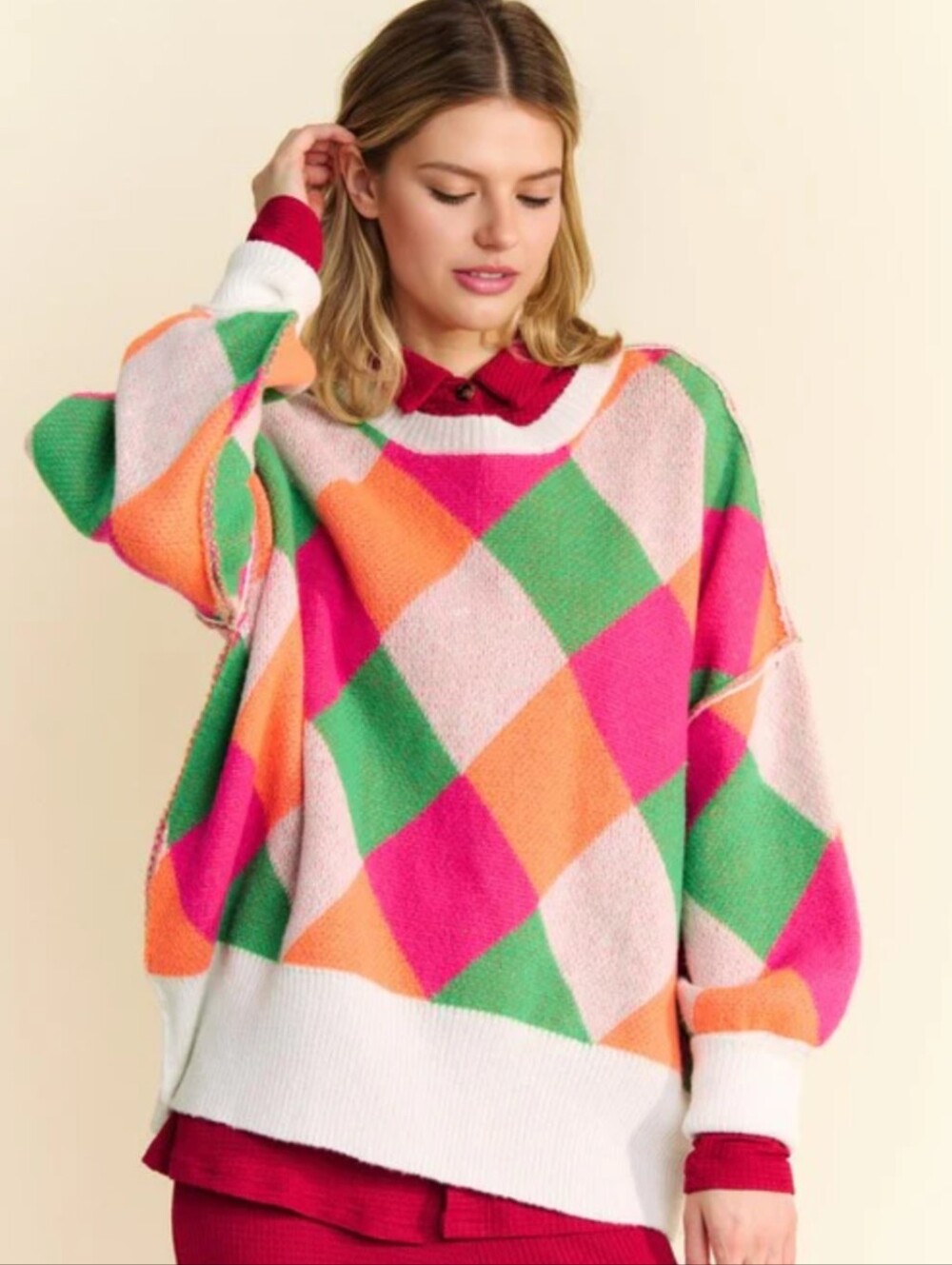 DAVI & DANI Exposed Seam Color Block Dropped Shoulder Sweater